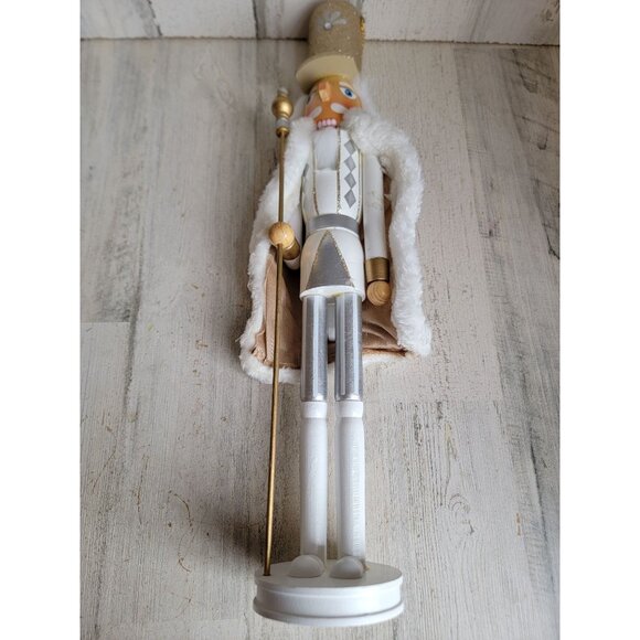 Nutcracker large wooden white staff guard Xmas home decor gold trim - Picture 1 of 8